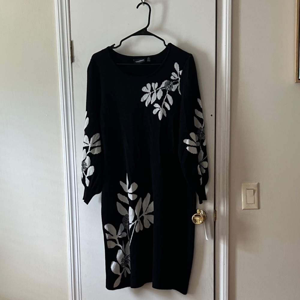 Nina Leonard Black Dress with White Floral Design